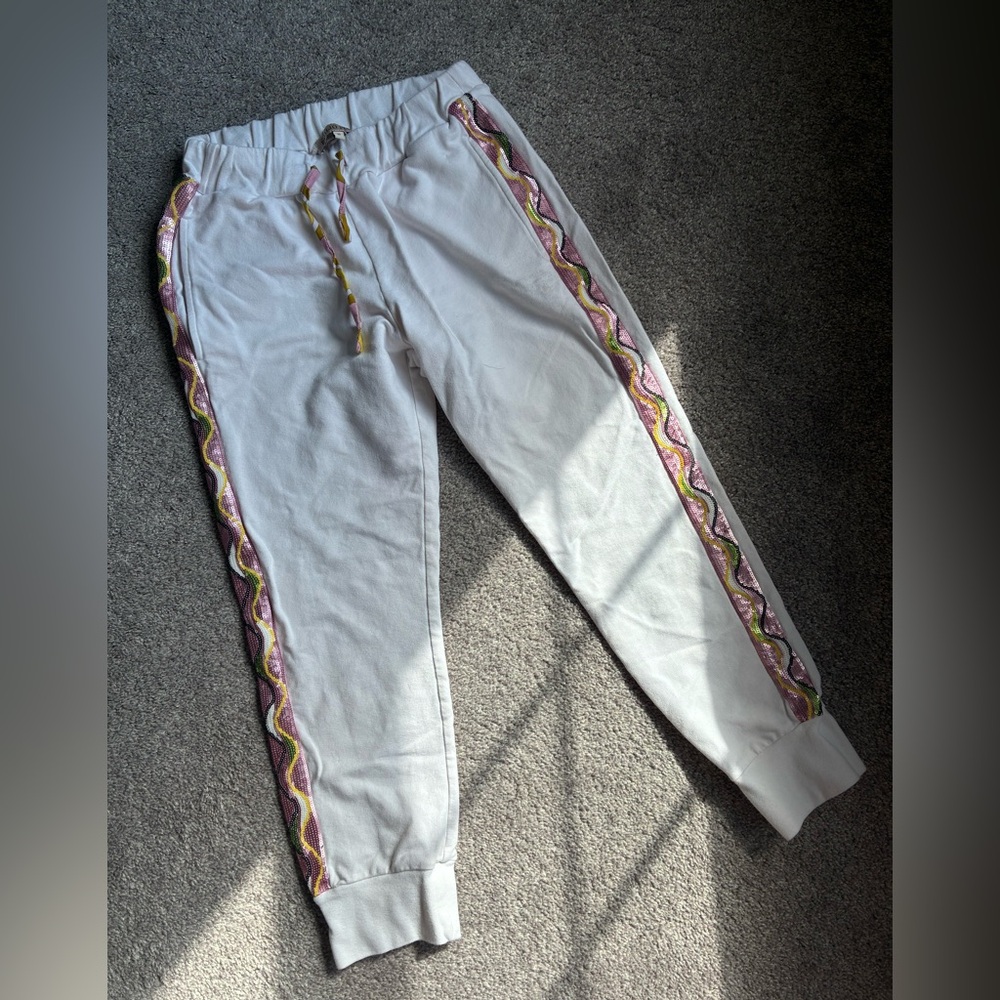 Emilio Pucci White Jogger Pants with Pink, Yellow & Green Side Trim